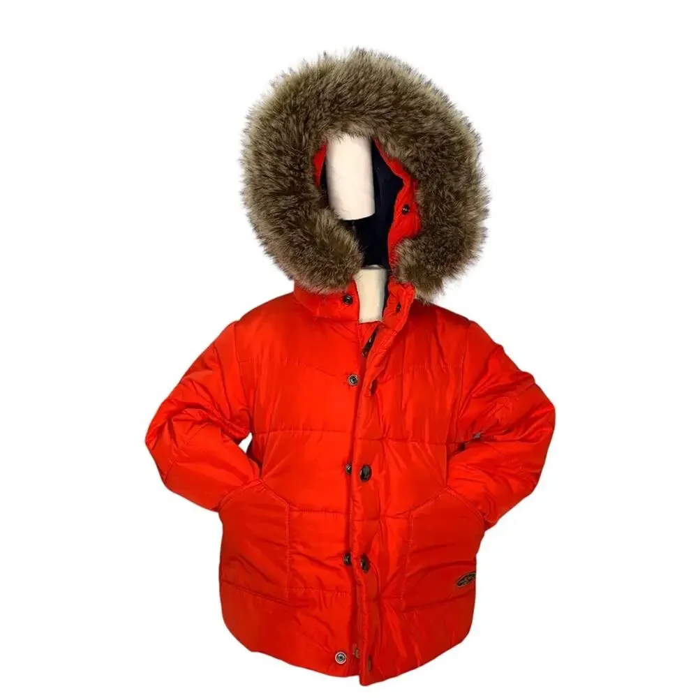 Mon Petit Manteau by Cyrillic Puffer Jacket Orange Blue Fleece Lining